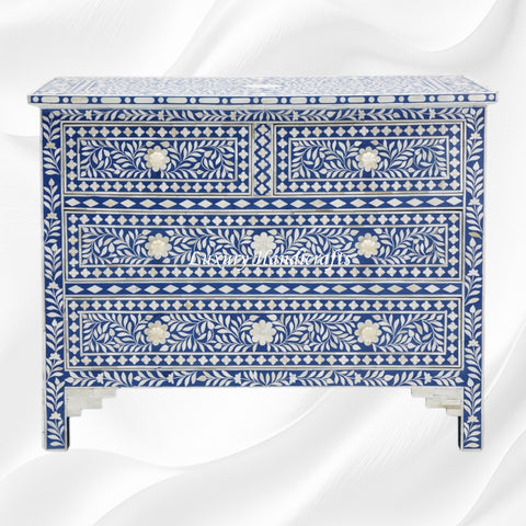 Bone Inlay Floral Chest Of 4 Drawer Blue