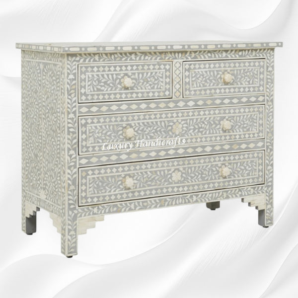 Bone Inlay Floral Chest Of 4 Drawer Grey