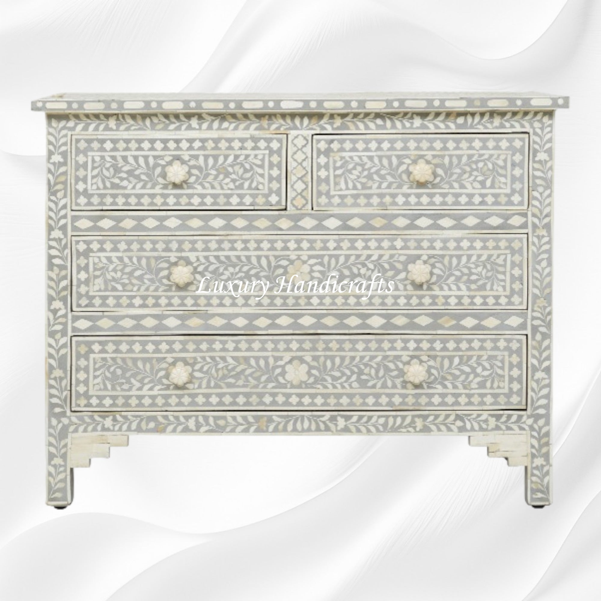 Bone Inlay Floral Chest Of 4 Drawer Grey
