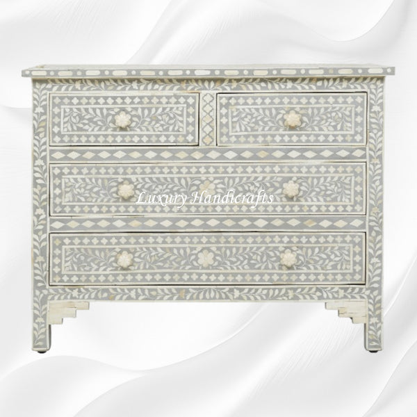 Bone Inlay Floral Chest Of 4 Drawer Grey