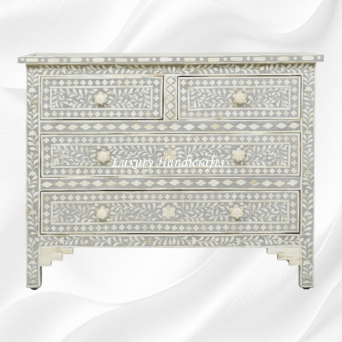 Bone Inlay Floral Chest Of 4 Drawer Grey