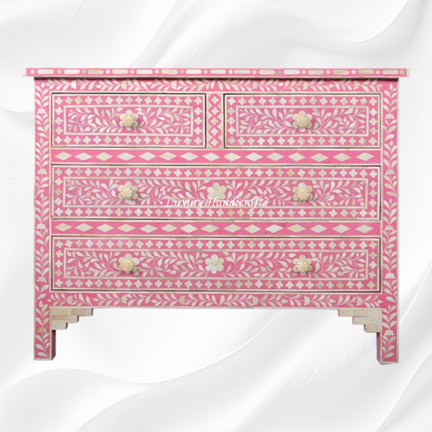 Bone Inlay Floral Chest Of 4 Drawer Pink – Luxury Handicraft