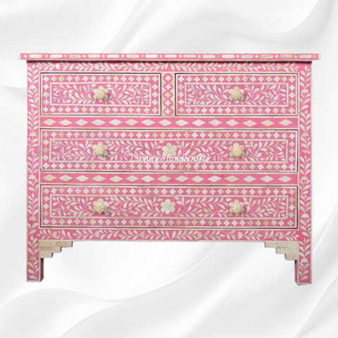 Bone Inlay Floral Chest Of 4 Drawer Pink