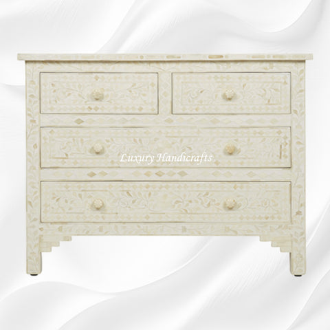 Bone Inlay Floral Chest Of 4 Drawer White