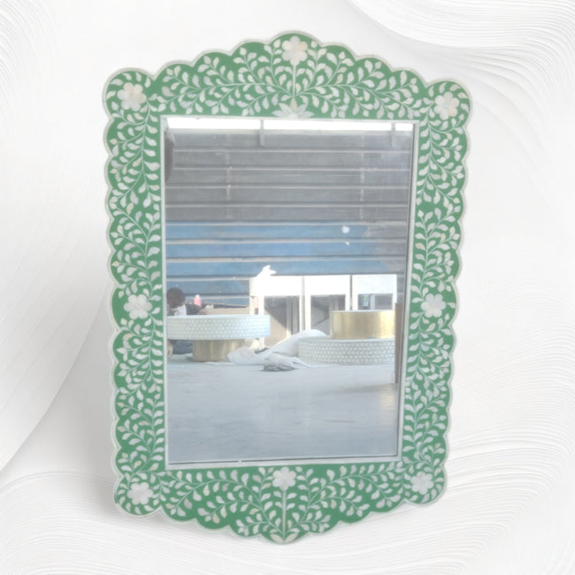 Bone Inlay Floral Scalloped Mirror Green 1