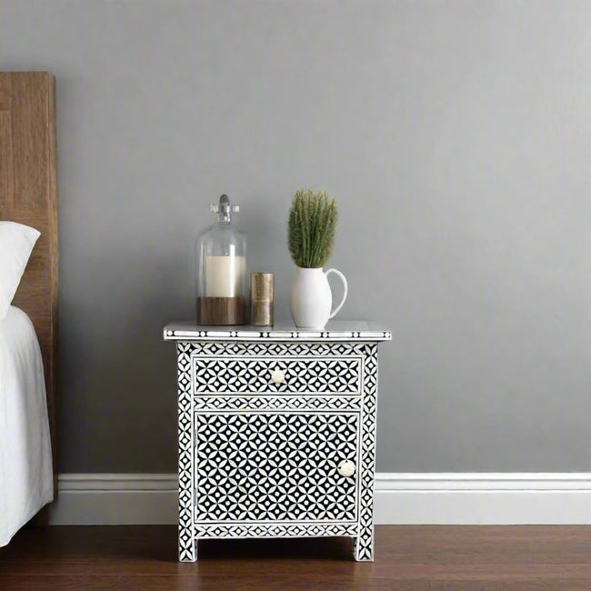 Bone Inlay Geometric Bedside 1 Drawer 1 Door Black