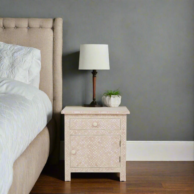 Bone Inlay Geometric Bedside 1 Drawer 1 Door Blush Pink