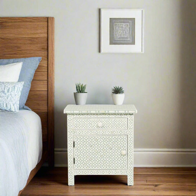 Bone Inlay Geometric Bedside 1 Drawer 1 Door Sage