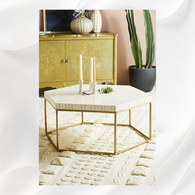 Bone Inlay Hexagonal Stripe Center Table White