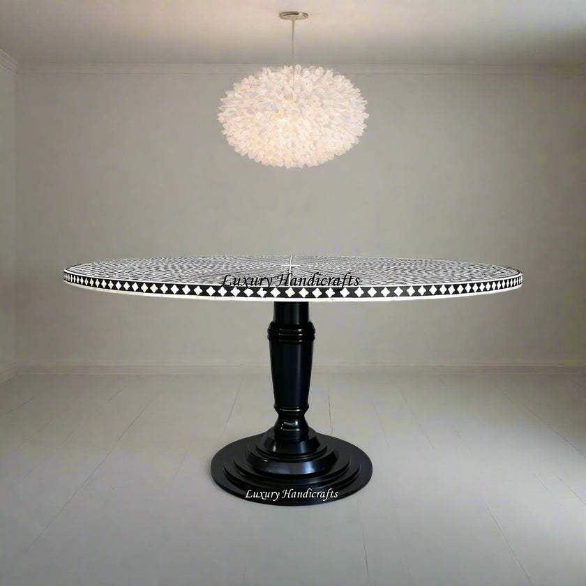 Bone Inlay Circular Table Bone Inlay Round Floral Dining Table Black Slim Base – Luxury Handicraft