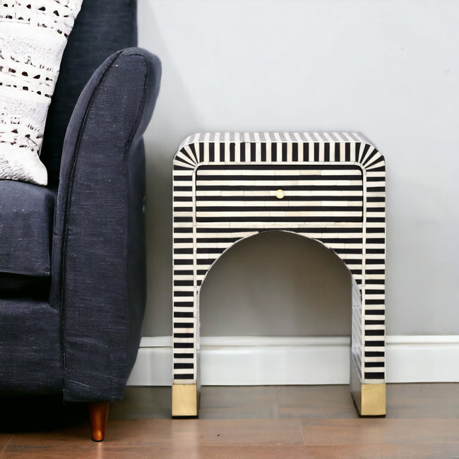 Sadie Bone Inlay Stripe Bedside Table – 1 Drawer Black Nightstand