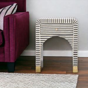 Sadie Bone Inlay Grey Stripe Bedside Table with 1 Drawer – Elegant Wooden Nightstand