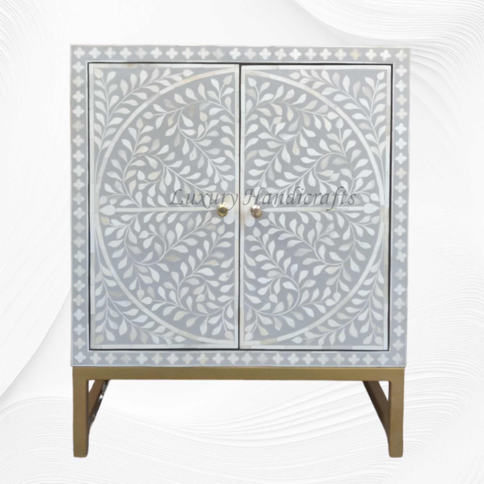 Bone Inlay Scroll Vine 2 Door Cabinet Grey