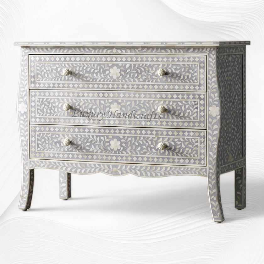 Bone Inlay Curved 3 Drawer Floral Dresser Grey luxuryhandicrafts