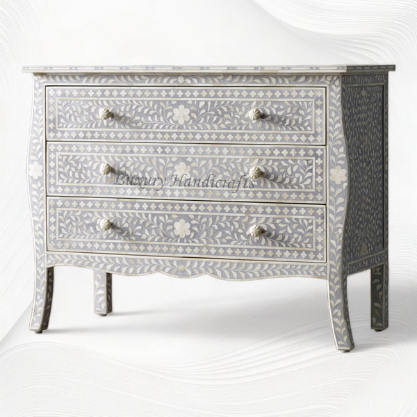 Bone Inlay Curved 3 Drawer Floral Dresser Grey