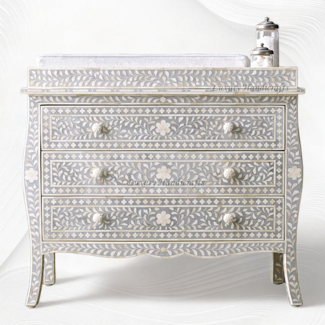Bone Inlay Curved 3 Drawer Floral Dresser Grey with Topper 1