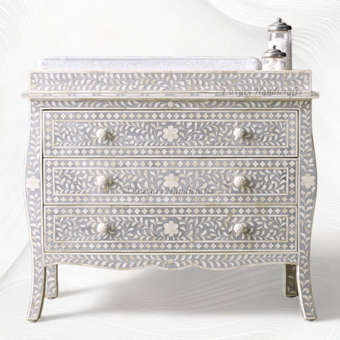 Bone Inlay Curved 3 Drawer Floral Dresser Grey with Topper