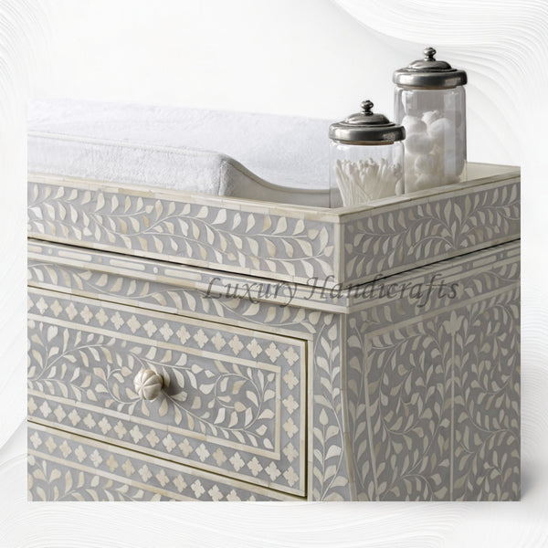 Bone Inlay Curved 3 Drawer Floral Dresser Grey with Topper