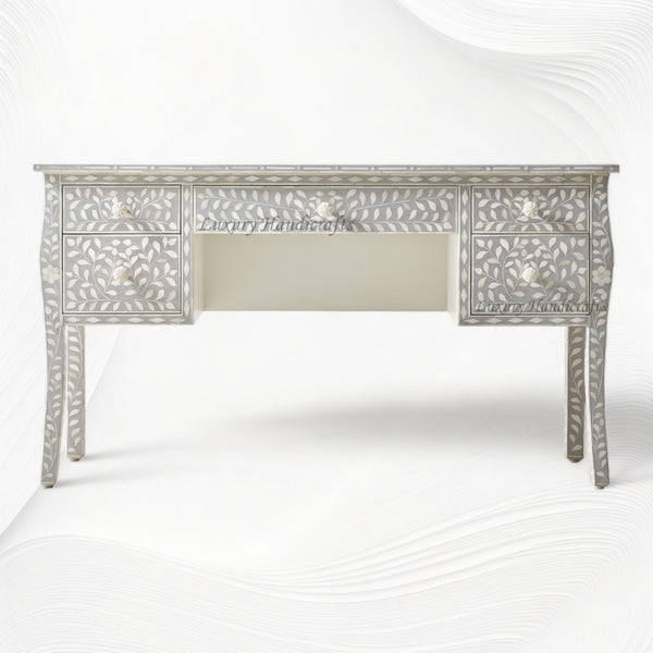 Bone Inlay Curved 5 Drawer Floral Desk Grey