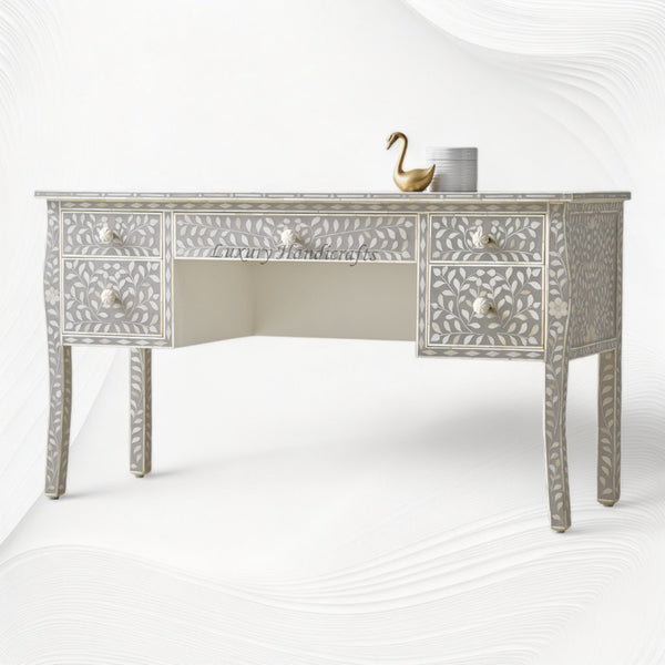 Bone Inlay Curved 5 Drawer Floral Desk Grey