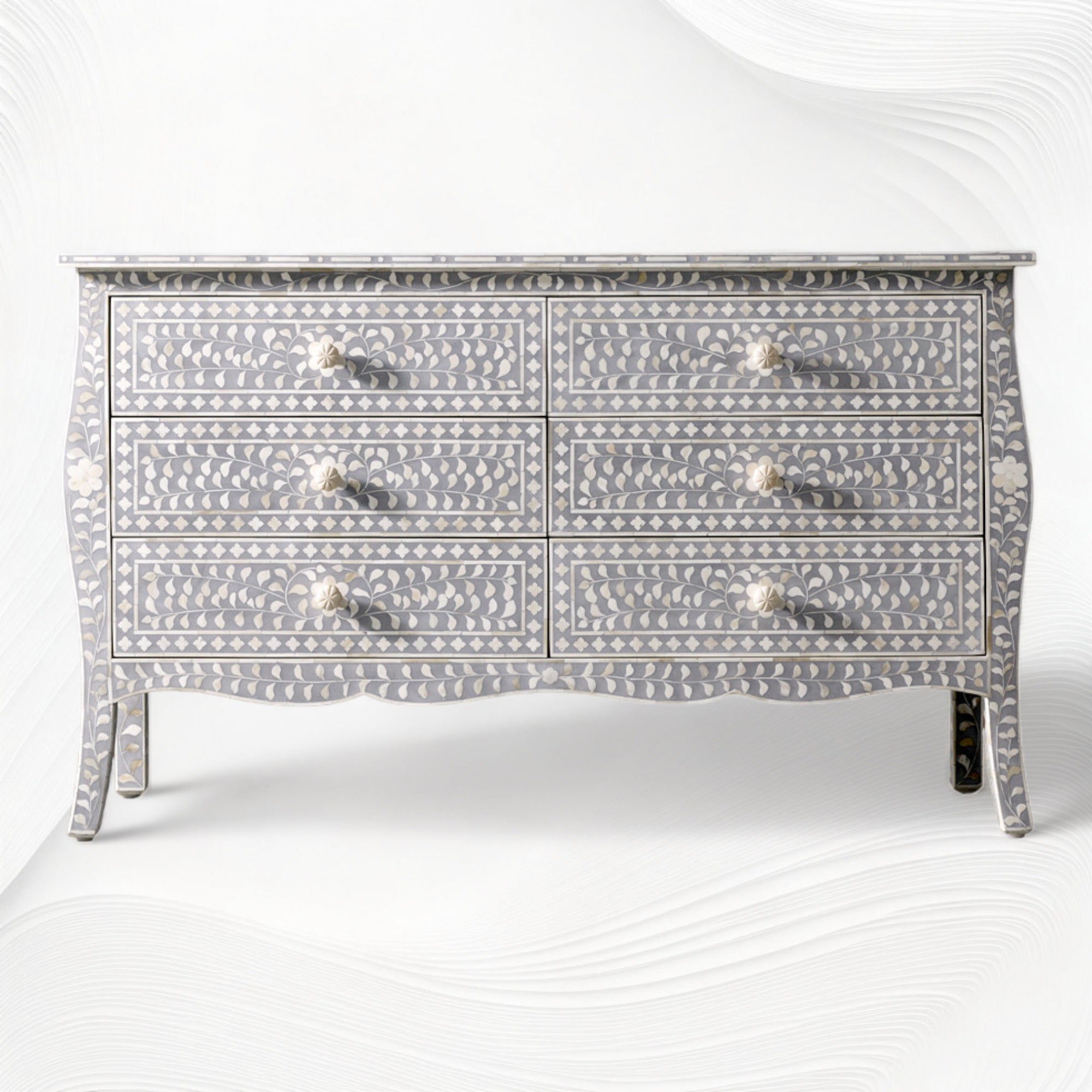 Bone Inlay Curved 6 Drawer Floral Dresser Grey