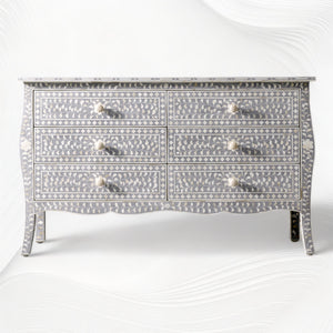 Bone Inlay Curved 6 Drawer Floral Dresser Grey