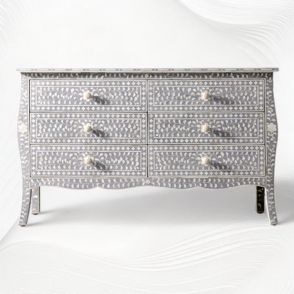 Bone Inlay Curved 6 Drawer Floral Dresser Grey