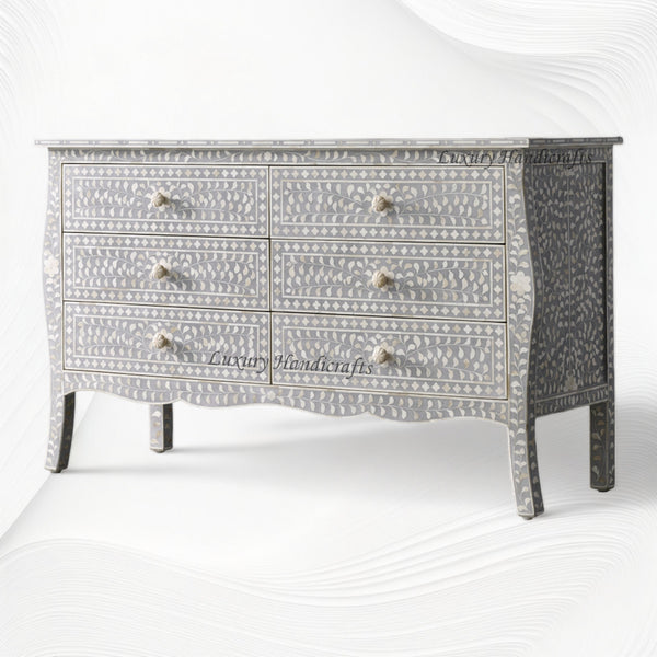 Bone Inlay Curved 6 Drawer Floral Dresser Grey with Topper