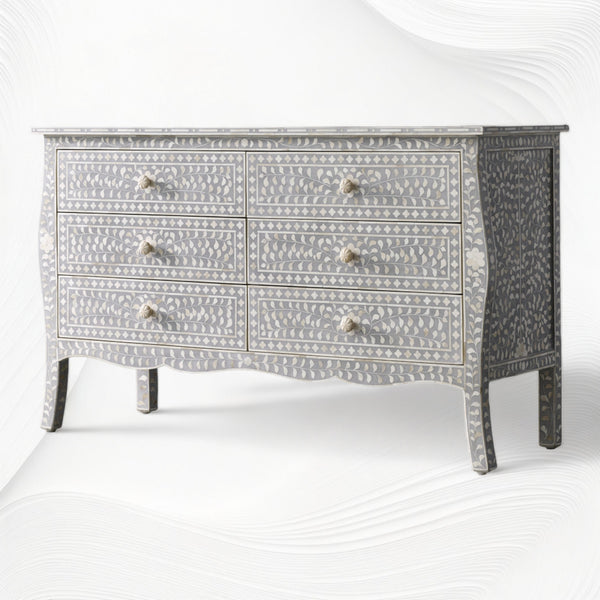 Bone Inlay Curved 6 Drawer Floral Dresser Grey