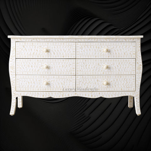 Bone Inlay Curved 6 Drawer Floral Dresser White