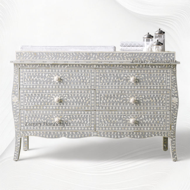 Bone Inlay Curved 6 Drawer Floral Dresser Grey with Topper 1