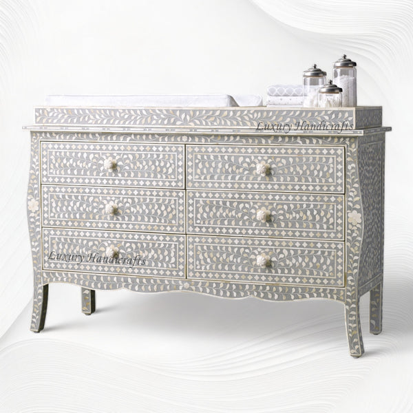 Bone Inlay Curved 6 Drawer Floral Dresser Grey with Topper