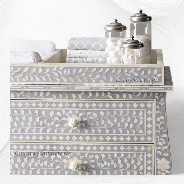 Bone Inlay Curved 6 Drawer Floral Dresser Grey with Topper