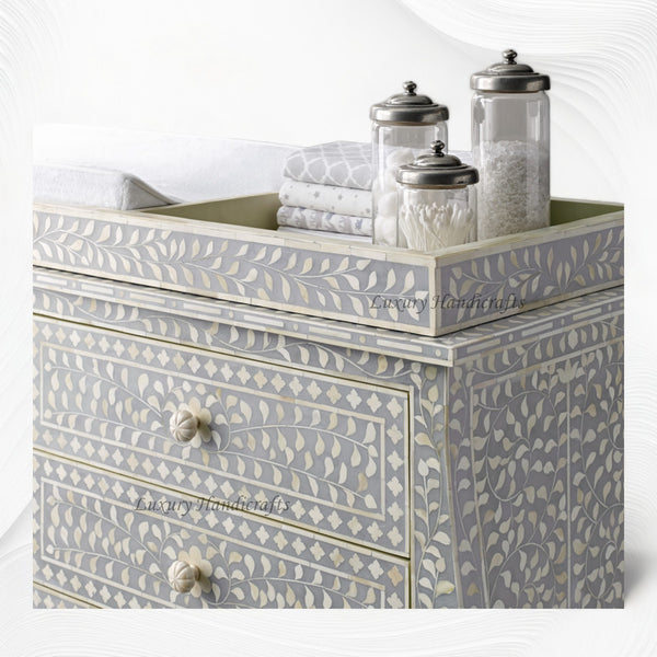 Bone Inlay Curved 6 Drawer Floral Dresser Grey with Topper