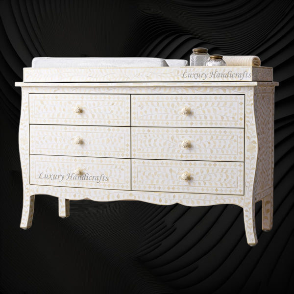 Bone Inlay Curved 6 Drawer Floral Dresser White with Topper