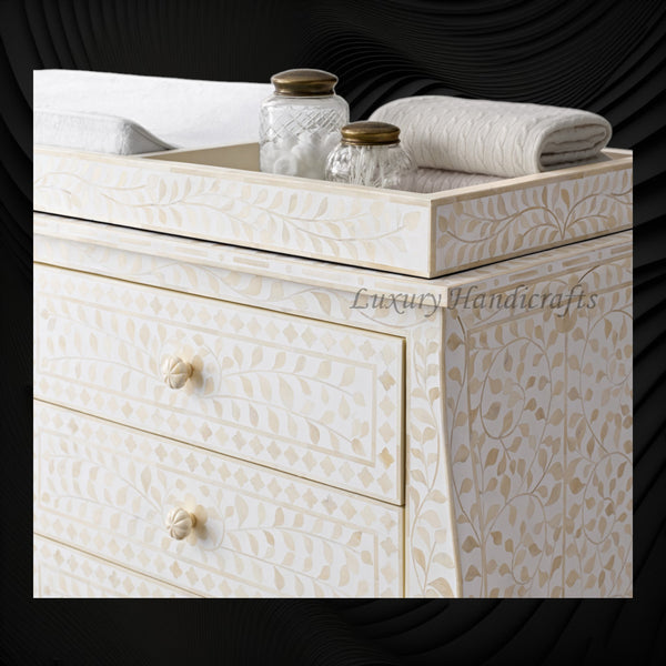 Bone Inlay Curved 6 Drawer Floral Dresser White with Topper