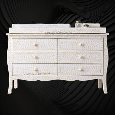 Bone Inlay Curved 6 Drawer Floral Dresser White with Topper