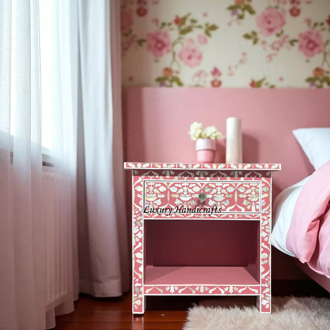 Elke pink bedside table with 1 drawer and mother of pearl inlay
