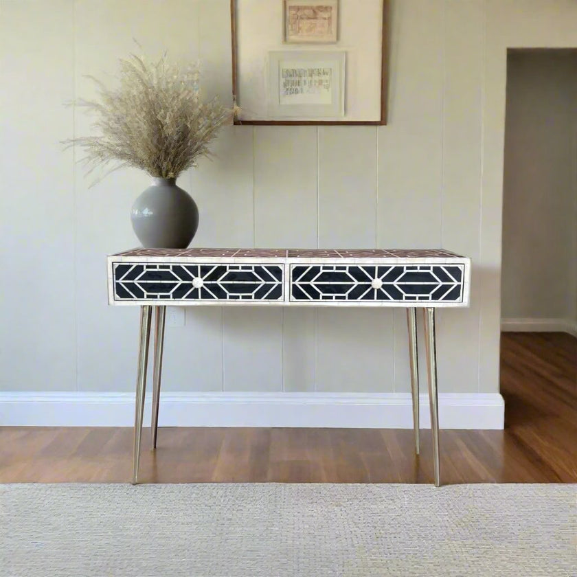 FUSION Sleek Geometric Bone Inlay Desk Black – Luxury Handicraft
