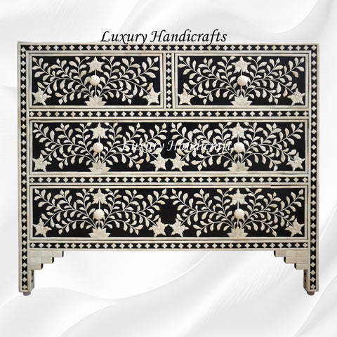 Black Floral Embossed Bone Chest Of 4 Drawers