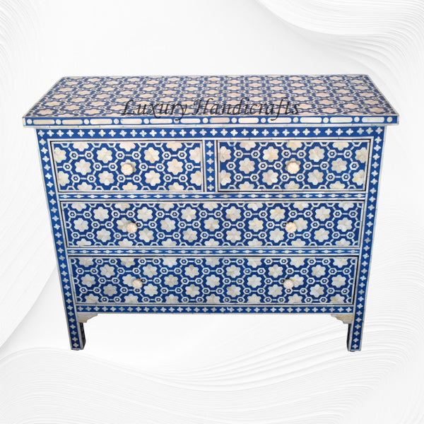 Flower Bone Inlay 4 Drawer Chest Dark Blue