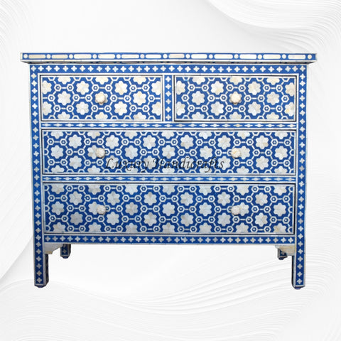 Flower Bone Inlay 4 Drawer Chest Dark Blue
