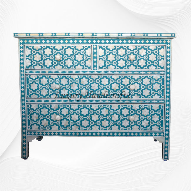 Flower Bone Inlay 4 Drawer Chest Teal Green 1