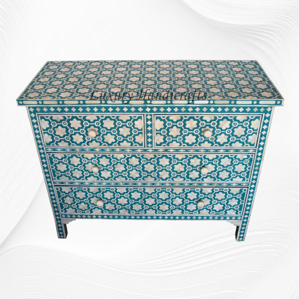 Flower Bone Inlay 4 Drawer Chest Teal Green