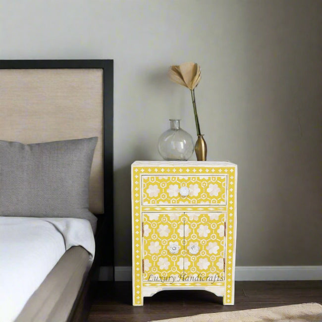 Flower Bone Inlaid 1 Drawer 2 Door Bedside Table Yellow