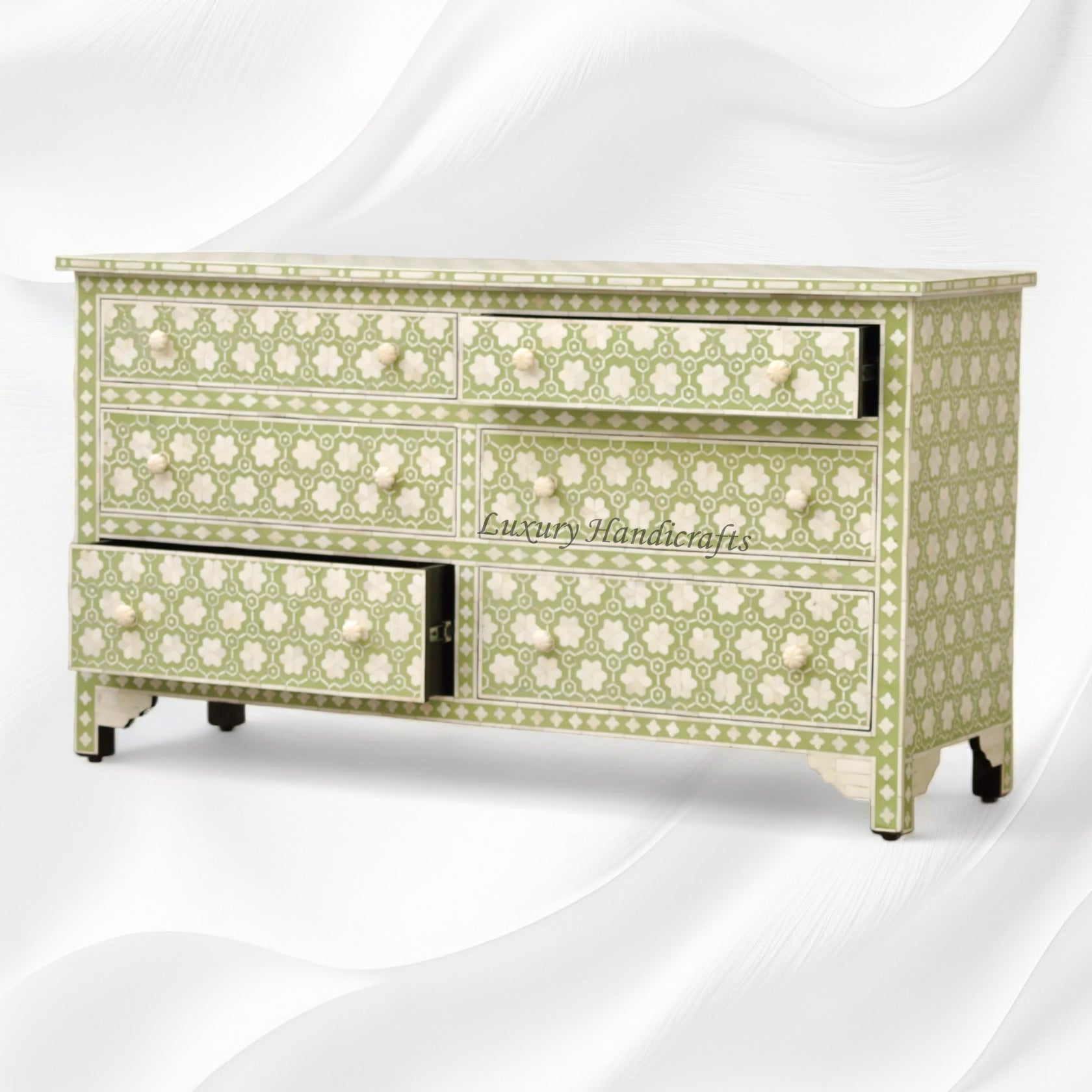 Flower Bone Inlay 6 Drawer Dresser Sage Green – Luxury Handicraft