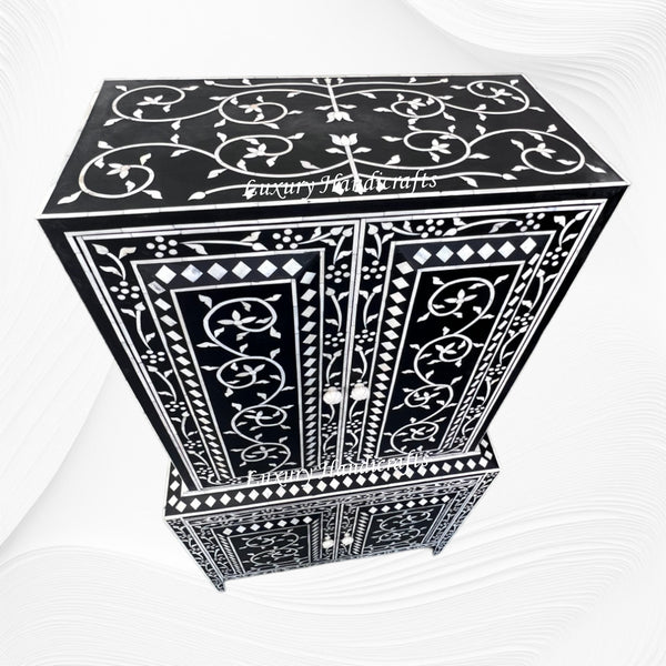 French Bone Inlay Bar Cabinet Black