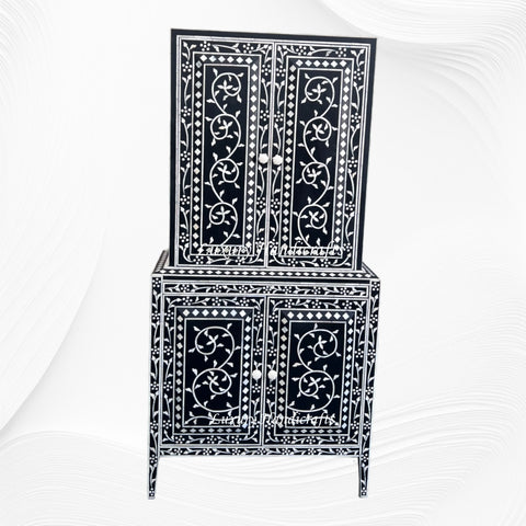 French Bone Inlay Bar Cabinet Black