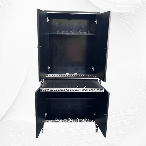 French Bone Inlay Bar Cabinet Black