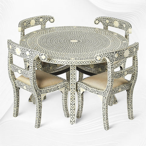 Geometric Floral Bone Inlay Round Dining Table Set Grey